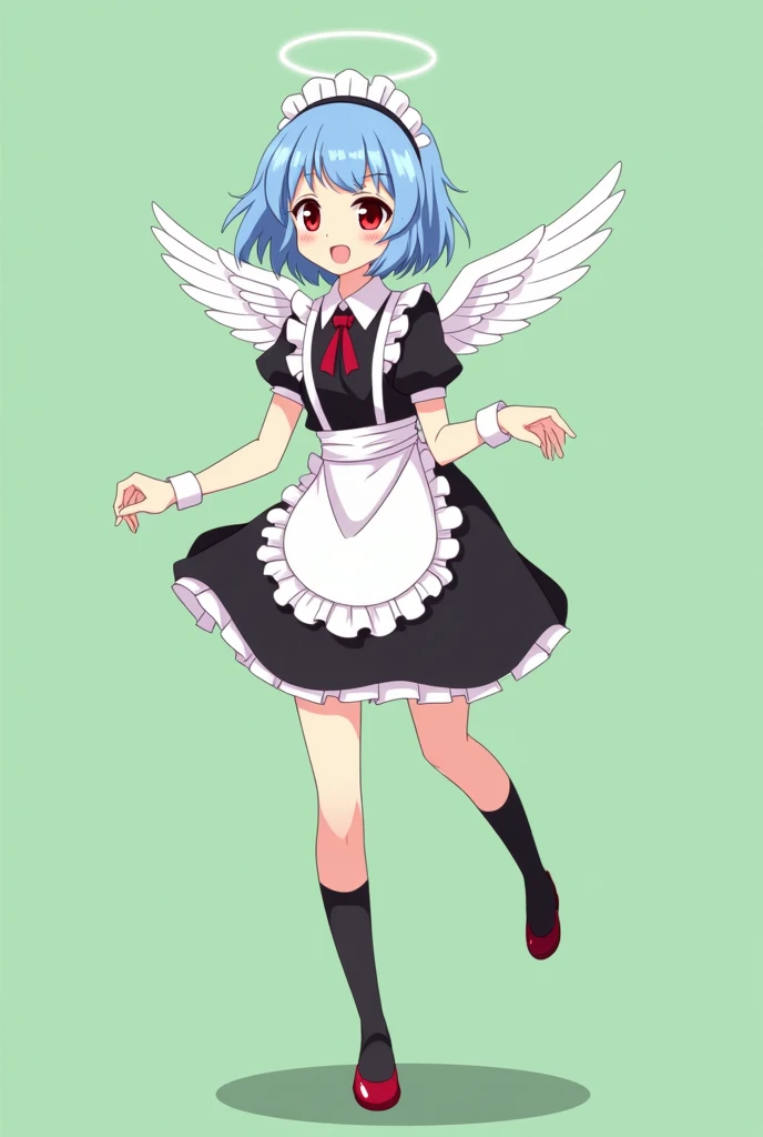Maid cafe maid with short blue hair, Red eyes, a sensual and happy expression, age range between 18 and 26 years, with angel wings, black uniform, anime style completely in 2D, with pastel colors, with a completely flat and green background
