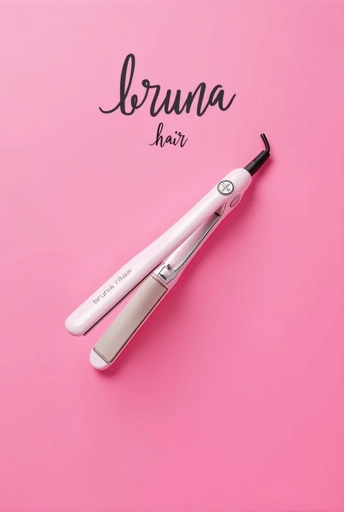 Make me a picture of a flat iron with a pink background written "Bruna hair"