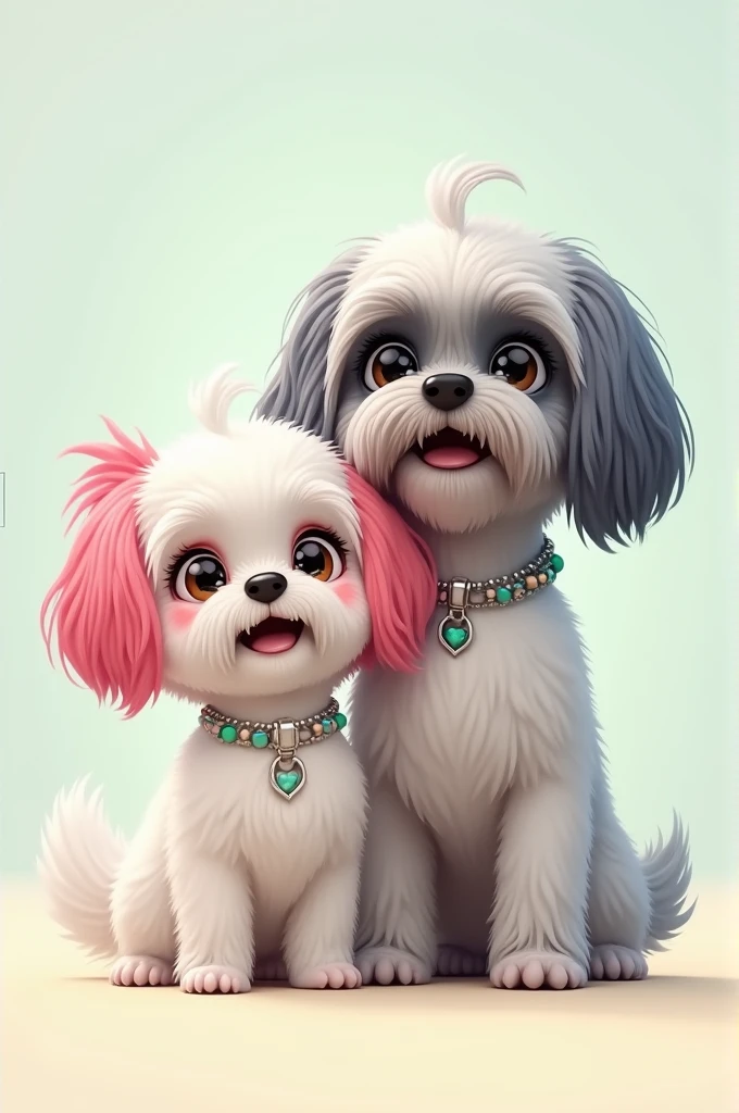 A white shitz tu dog small with a smile and pink dyed ears and a white and teal beaded necklace. Beside the shitzu is another shitzu he is taller than the other shitzu but he has grayish bluish ears with a dog chain.