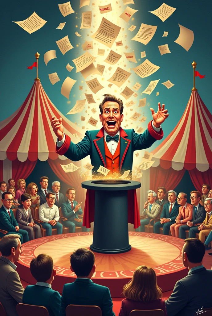 Cover Illustration: A caricature of a politician dressed as a circus magician, pulling out of a hat a mountain of papers and forms with labels like “New Tax”, “Tax Simplification”, “Increased Load” and “Exemption for the Few”, while an audience of taxpayers tries to understand the trick with confused expressions.