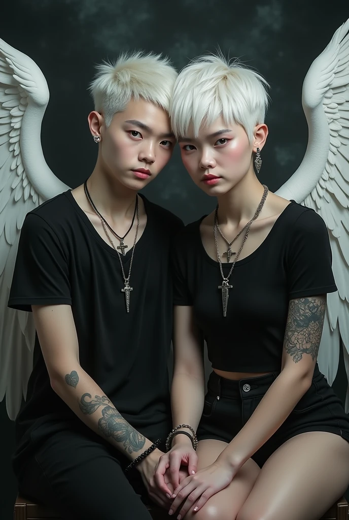 Boy and girl couple white hair perfect body setting on the chair and have tattoos with black t-shirt and necklace like a fairy face smooth skin pink lips and dark smoke background and big wings of an angel