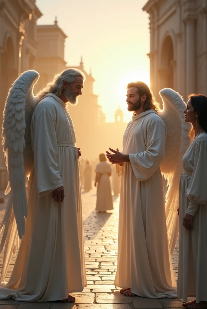 Create an immersive scene full of mystery with two male angels, dressed in completely white clothes and without wings, talking to an ordinary man in an environment that mixes the earthly and the heavenly. The setting should reflect a fusion of heavenly tranquility and an earthly environment, such as an ancient square lit softly by an ethereal light. The angels must be portrayed with a serene aura and an imposing presence, while the man, with an expression of amazement and curiosity, listens attentively. The conversation must be loaded with meaning Create a hyper-realistic scene in 8K with two male angels, dressed in all-white outfits and without wings, talking to a man and a woman. The setting should be a stunning fusion of celestial and earthly elements, such as a dusk setting with soft, ethereal lighting that blends the beauty of the sky and the tranquility of the earthly environment. Angels should be portrayed in impressive detail, showing an ethereal and serene appearance, with facial expressions that convey wisdom and authority. The man and woman, with expressions of surprise and curiosity, must be in a state of attention and respect. Capture the interaction between the four characters with detailed close-ups, highlighting the hyper-realistic quality of the image. Use lighting and visual effects to create a contrast between the supernatural presence of the angels and the reality of the earthly characters, reinforcing the atmosphere of a meaningful celestial encounter. The goal is to convey the depth and importance of the dialogue, with a level of detail that makes the scene feel incredibly real and immersive.