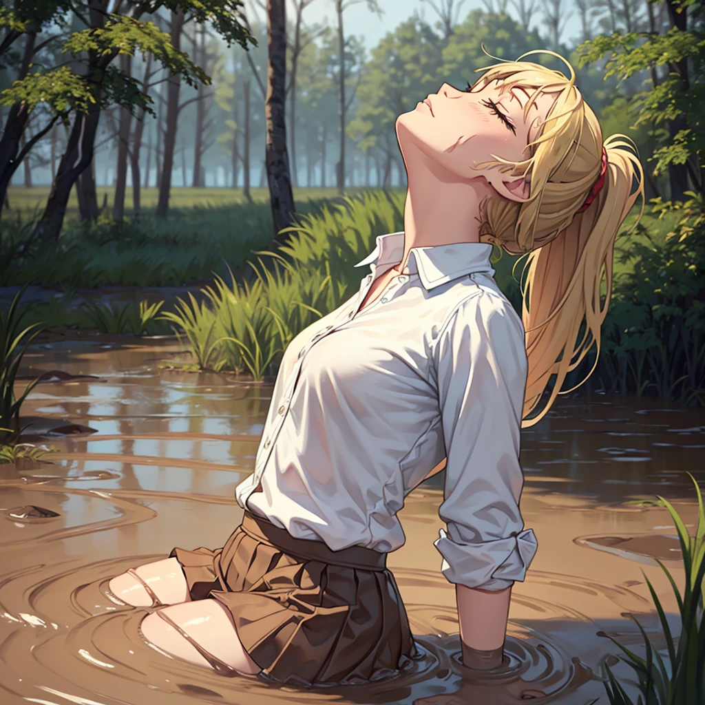 Solo girl, sweet blonde girl, 1 girl, muddy, dirty, ponytail hair, drowning in quicksand, mud, swamp, bog, grass, trees, white blouse, red miniskirt, (orgasm:1.5), (looking up:1.3), (eyes closed:1.4), from the torso up, (from side:1.4)