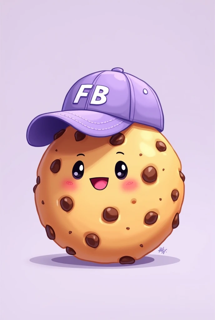Full body cookie type illustration made on iPad that is pretty, that is happy and has chocolate chips, that has a light purple cap that says FB in capital letters and has a light purple background
