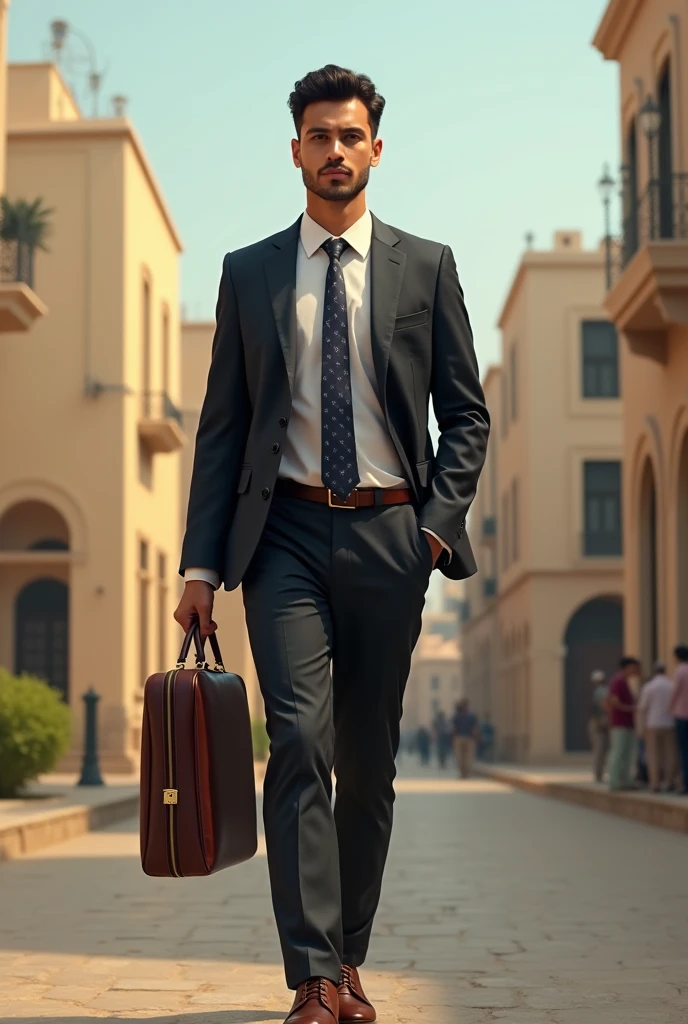 A young Palestinian man wearing a suit and carrying a briefcase reminiscent of West Bank culture 