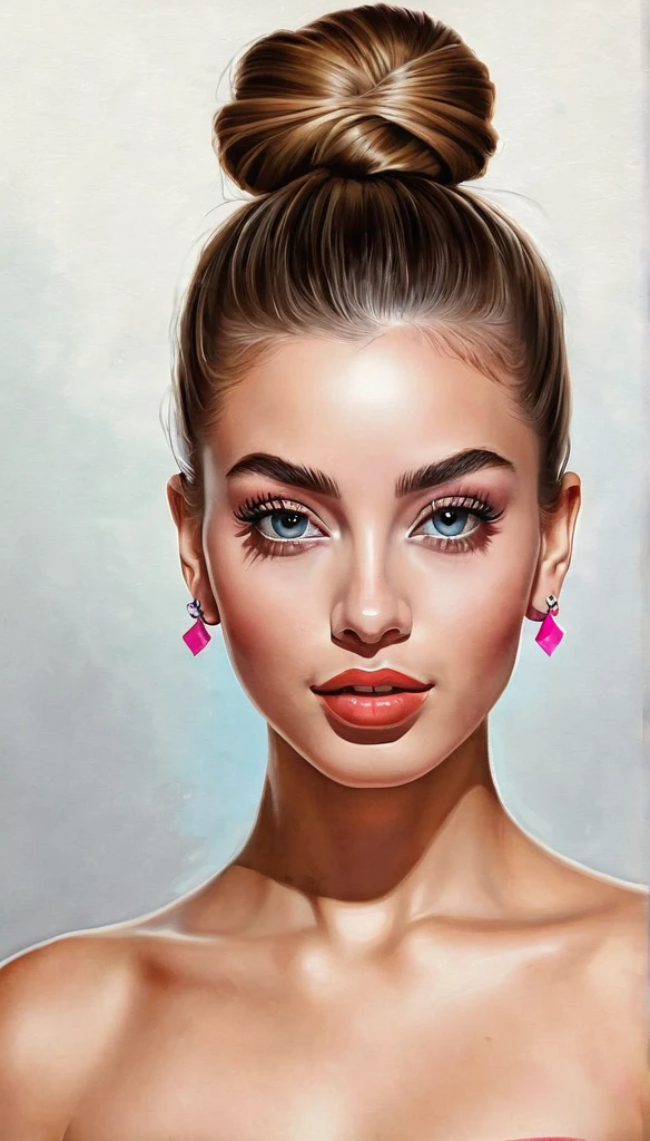 crea una bailarina estilo illustration de Ali Erturk, High detail, hyperrealistic, natural light,illustration , bright colors,hair bun,open eyes,very long eyelashes, big doamond earings 