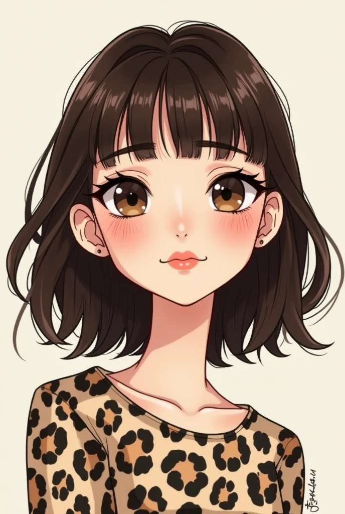 create a drawing of a girl with medium long hair, like shoulder length but a little longer and layered, straight eyebrows dark brown hair, big eyelashes, medium-sized lips, Clothes with some leopard print but not on the whole shirt, not realism, a drawing with lines, 2d