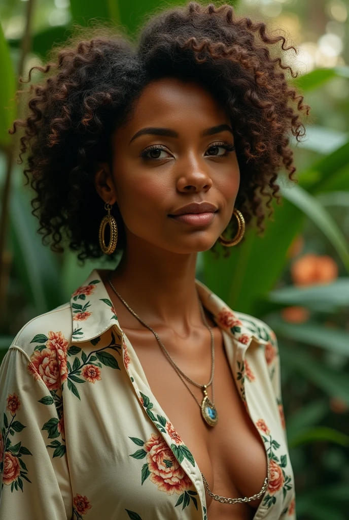 A Brazilian woman in a lush tropical garden, wearing an open shirt with a floral print, with a close-up capturing the harmonious beauty between her breasts and the natural flowers, showing off your natural charm and outgoing personality.
