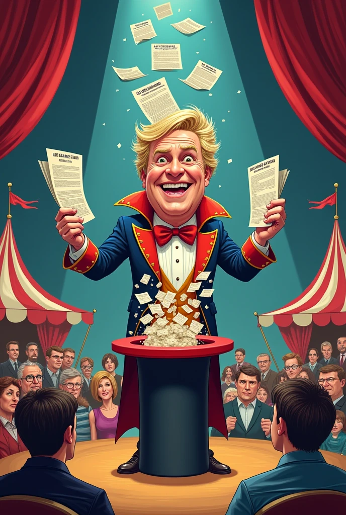 Cover Illustration: A caricature of a politician dressed as a circus magician, pulling out of a hat a mountain of papers and forms with labels like “New Tax”, “Tax Simplification”, “Increased Load” and “Exemption for the Few”, while an audience of taxpayers tries to understand the trick with confused expressions.
