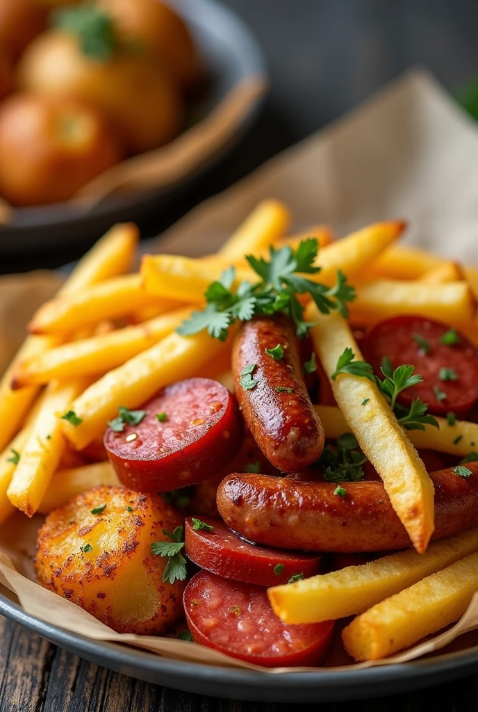 salchipapas with native potatoes. Yellow fries with frankfurter 2. Fried huayro potatoes and turkey sausage 3. Sumac soncco fries with chorizo and fine herbs.
4. white fries (Classical) with grilled chorizo 