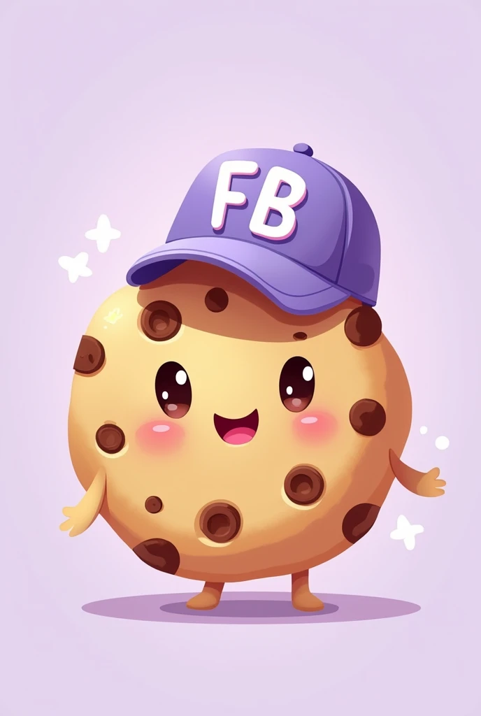 Full body cookie type illustration made on iPad that is pretty, that is happy and has chocolate chips, that has a light purple cap that says FB in capital letters and has a light purple background