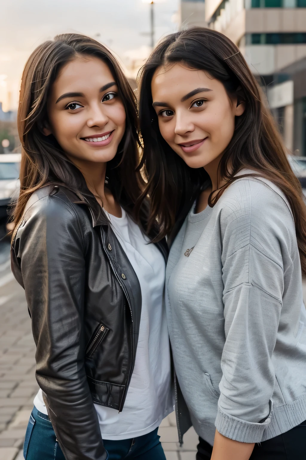 A close-up portrait of a diverse group of three friends, each with distinct facial features, gathered in an urban setting during golden hour. The first person, a woman in her late 20s with curly black hair, warm brown skin, and bright green eyes, is laughing heartily. She’s wearing a casual denim jacket over a white t-shirt. The second person, a man in his early 30s with short, neatly trimmed black beard, light brown skin, and deep blue eyes, is smiling warmly. He has a stylish leather jacket and a simple black t-shirt. The third person, a woman in her mid-20s with long, straight blond hair, fair skin, and soft hazel eyes, is looking into the camera with a gentle smile. She’s dressed in a cozy, light gray sweater. The sunlight highlights their faces, capturing the texture of their skin, the shimmer in their eyes, and the subtle details in their clothing. The background shows blurred city lights and buildings, creating a beautiful bokeh effect.
