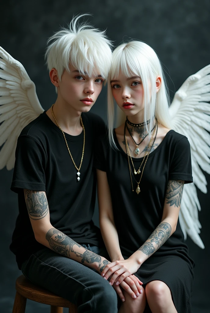 Boy and girl  white hair perfect body setting on the chair and have tattoos with black t-shirt and necklace like a fairy face smooth skin pink lips and dark smoke background and big wings of an angel 
