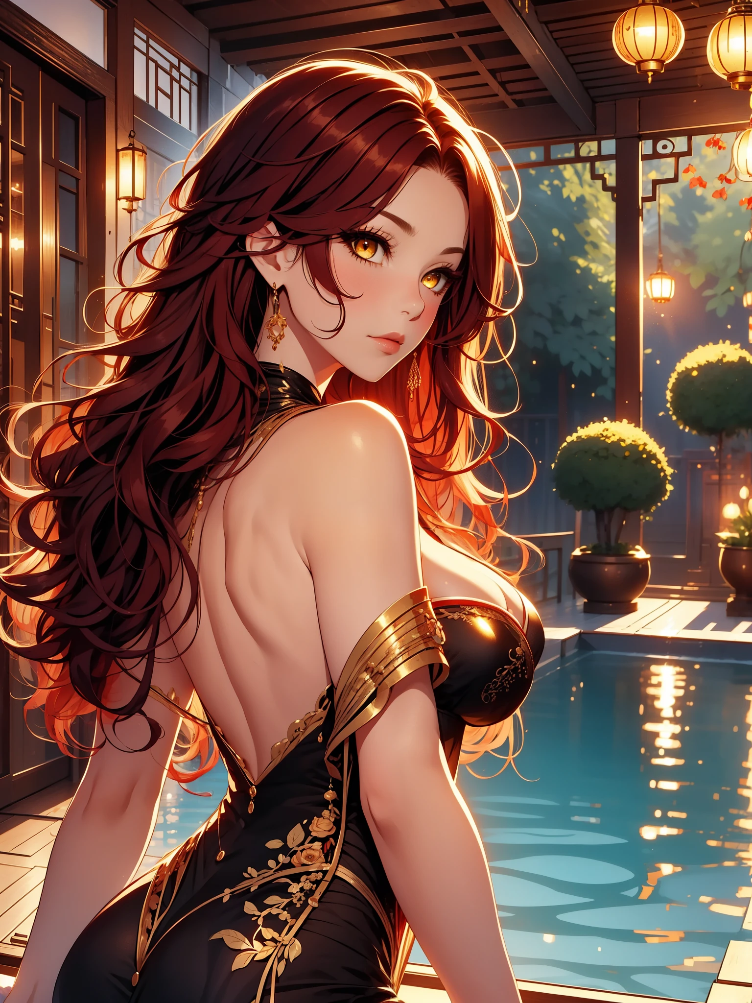 beautiful, Mark, queen Mark, black dress, deep cleavage, wavy red hair, golden eyes, Good, pool curtain, sexy, sensual, looking back