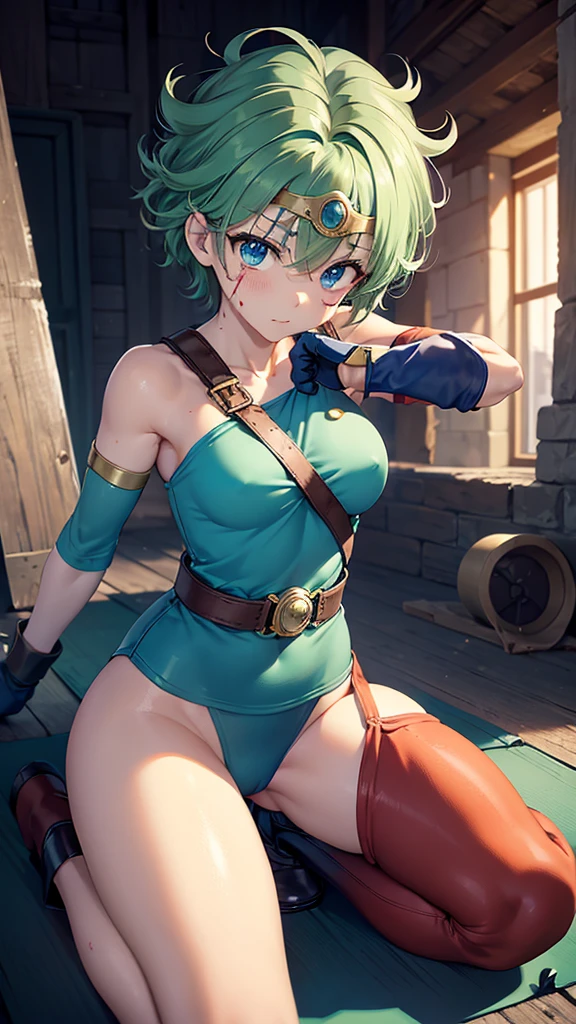 Animation worksAnimation worksMasterpieces,largely、high quality, Unreal Engine, Ultra-high resolution, Very detailed丸い胸, Medium Bust 1 person, Waist, thin,(Muscular:0.9)
actress,
ring, curl, Green Hair, short hair, Asymmetrical clothing, tights, sash, One-handed gloves, One Sleeve, Thigh-high holes, Holding a sword, . Anime Style, Key Point, Energetic, Studio Anime, Very detailed、 My life is about to end. Broken equipment. On one knee. Under enemy attack.The tights is torn to pieces.、(((There is a wound on the arm、the presence of wounds on the chest、There is a wound on the abdomen、There are wounds on the legs、Bleeding from the wound)))、Kneel