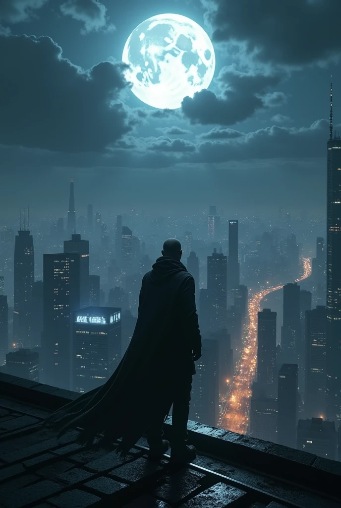 Man in the dark with the moon shining brightly behind him on the roof of a big city with lights on the train tracks