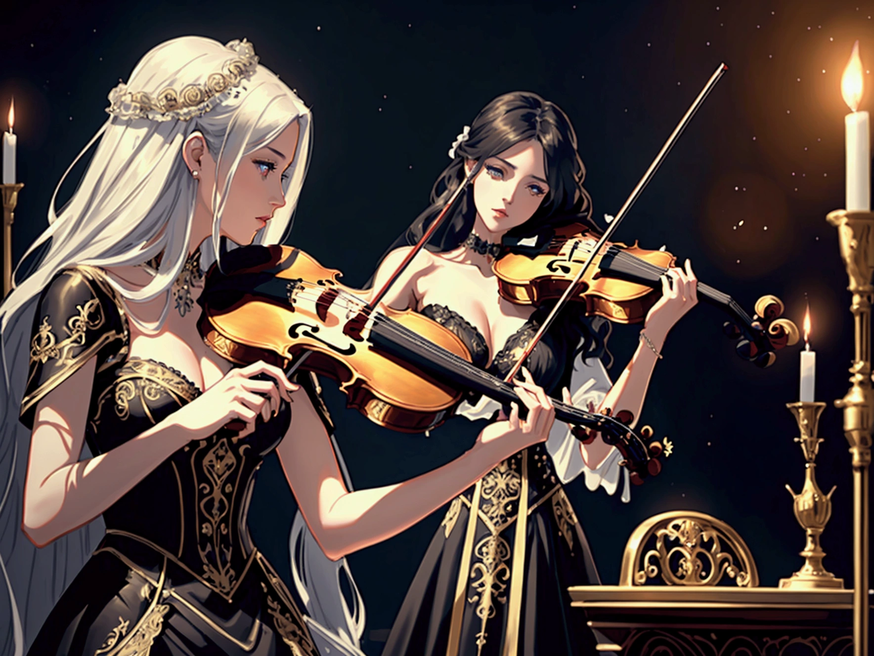beautiful woman with violin in an epic orchestra, long flowing hair, piercing eyes, dramatic lighting, ornate dress, bridal gown, gorgeous background, digitl art, cinematographic, hyperdetailed, 8k, photorrealistic