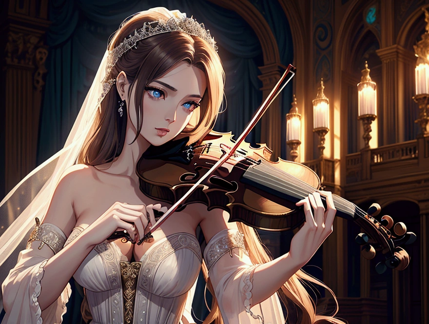 beautiful woman with violin in an epic orchestra, long flowing hair, piercing eyes, dramatic lighting, ornate dress, bridal gown, gorgeous background, digitl art, cinematographic, hyperdetailed, 8k, photorrealistic