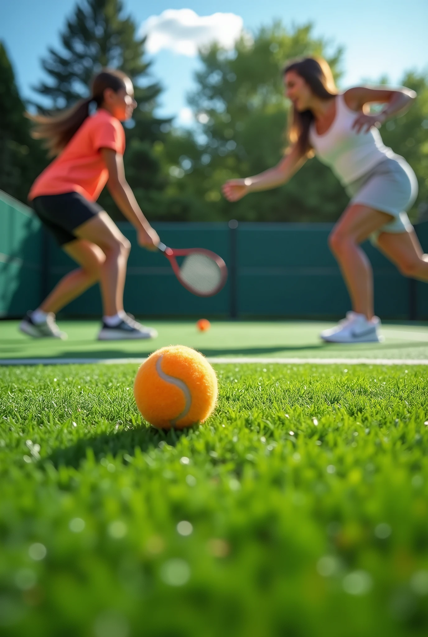 "Create a hyper-realistic image of a blue paddle court with synthetic grass. The scene should feature two attractive people playing paddle. The camera angle should be at 45°, focusing on the faces of the players to capture their expressions and the intensity of the game. The synthetic grass should be vividly detailed, covering 50% of the image. The overall scene should appear extremely lifelike and dynamic, with the action of the game clearly visible."