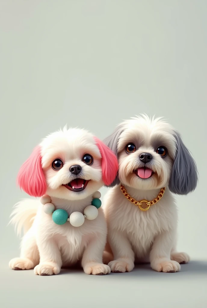 A white shitz tu dog small with a smile and pink dyed ears and a white and teal beaded necklace. Beside the shitzu is another shitzu he is taller than the other shitzu but he has grayish bluish ears with a dog gold chain. 