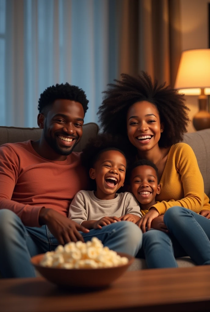 black family of 4 sitting in couch watching tv with popcorn laughing, father, mother, one daughter, one son