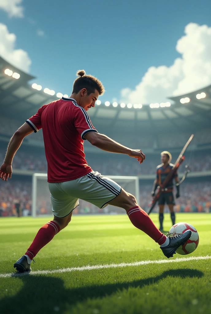 Draw me a man about to kick a penalty, let the bow and the archer be seen