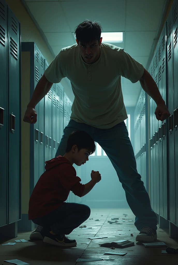 A boy bullying another boy at school