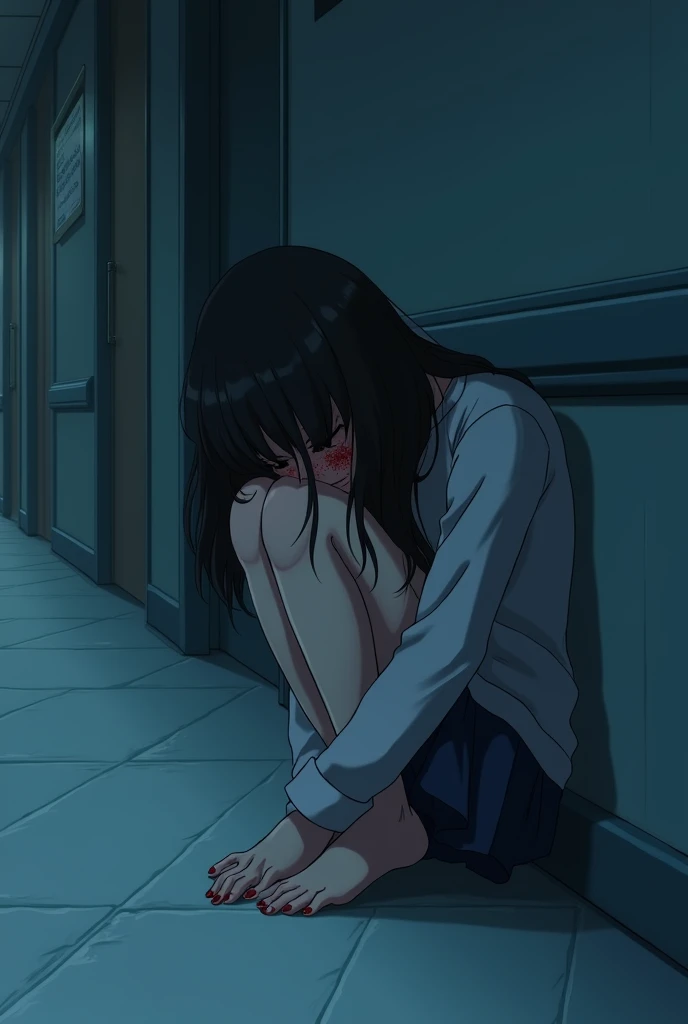 "Create an anime-style image featuring a young 24 year old girl sitting alone on a cold, sterile hospital corridor floor, her body showing signs of distress and sadness and also get raped by someone. She is slumped against the wall, with her knees drawn to her chest, and her face partly obscured by long, disheveled hair. There are faint traces of blood on her face and hands, symbolizing the trauma she has endured. The hospital corridor is dimly lit with cold, bluish tones, adding to the eerie and sorrowful atmosphere. Shadows stretch across the floor, creeping toward her, emphasizing the overwhelming sense of isolation and despair. Despite the subtle hints of violence, the focus remains on her deep emotional pain, captured in her empty, sorrowful eyes and the haunting stillness of the scene."