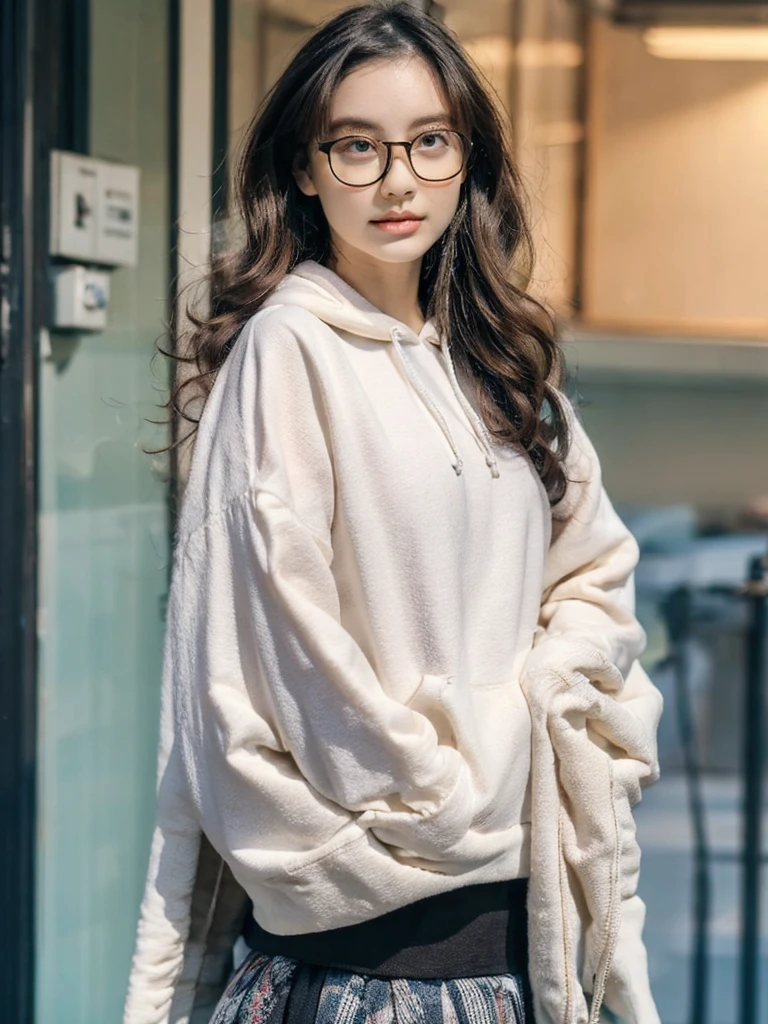 Photo of a beautiful woman standing on a street corner, (masterpiece:1.2, highest quality), (Realistic, photoRealistic:1.4), Beautiful illustrations, (Natural Side Lighting, Cinema Lighting), Written boundary depth, Beautiful thighs staring at the viewer, (((Face Focus, Upper Body))), 1 female, 30-year-old, alone, thin, slender, small breasts!!!, Short Hair, Curly Hair, Forehead, Forehead, Forehead, Forehead, thin, slender, glasses, oversized hoodie, sexy pencil skirt, Are standing, New York 25th Street