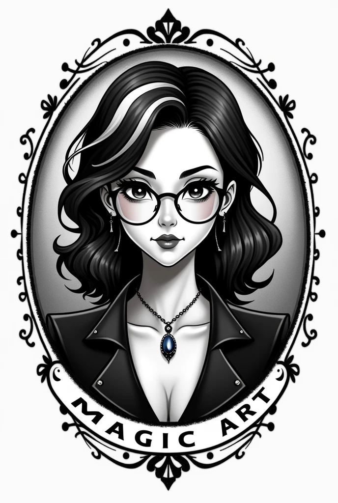 A company logo, round stamp type, have a cute and sexy magician with a medium magician hat (the round one). With black wavy hair but with two very noticeable white streaks in front of his head, from his forehead. With elegant oval glasses, with a necklace attached to her neck and a pendant with a precious stone. All this in black and white, that has a design designed to be printed. And that around there are ONLY the words "Magic Art"