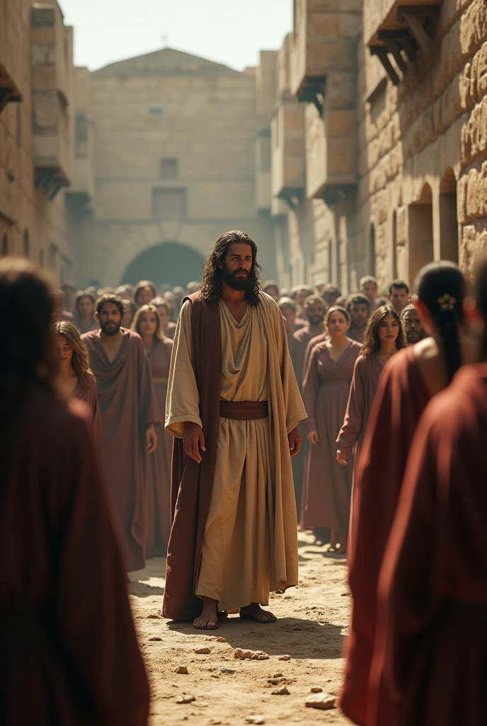 Create an image where Jesus stood up and said: Let him who is without sin among you be the first to throw a stone at her..
