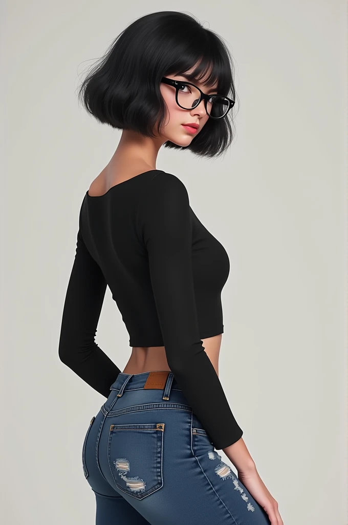 Girl in jeans tight sexy black hair bob cut with glasses 