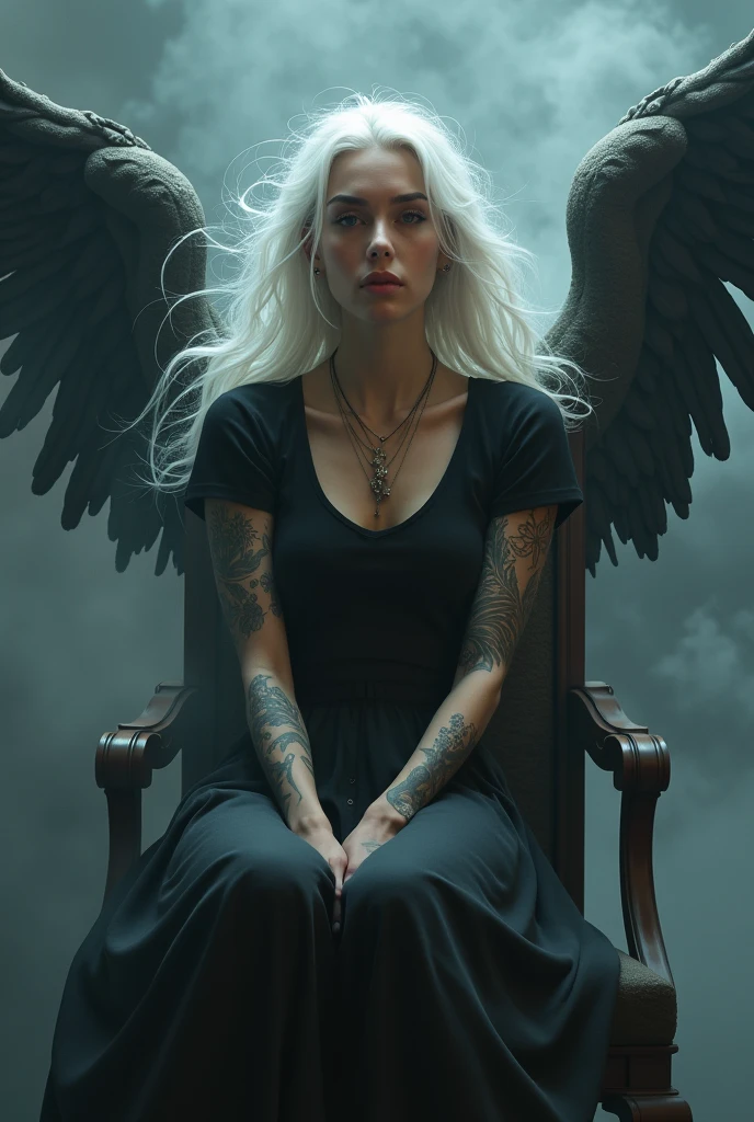 Lady white hair perfect body setting on the chair and have tattoos with black t-shirt and necklace like a fairy face smooth skin pink lips and dark smoke background and big wings of an angel