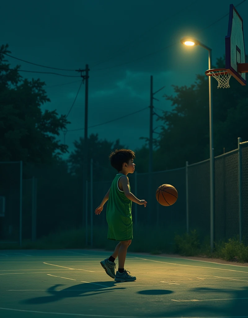 Boy on a basketball court at night, with a green oversize