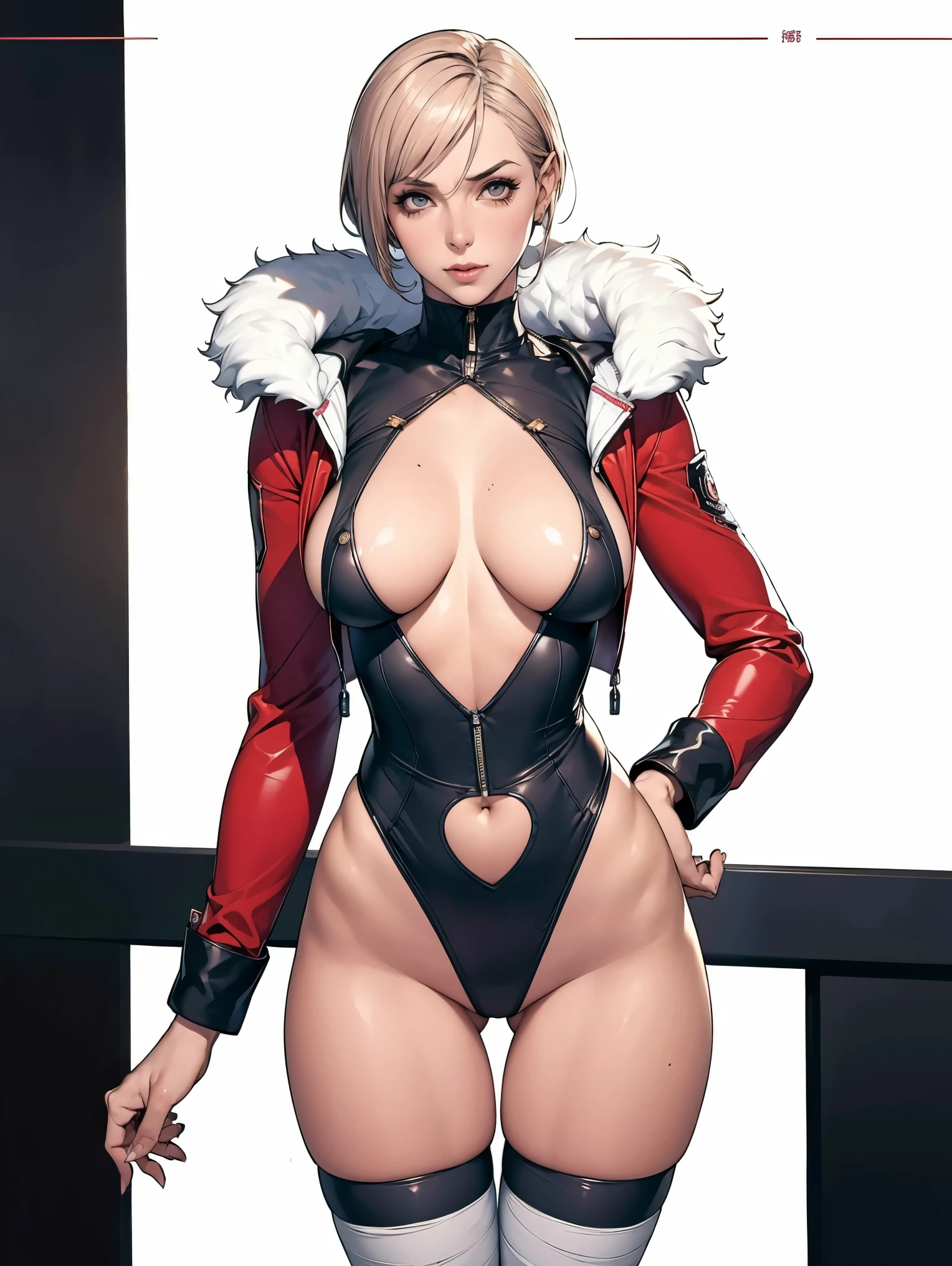 (((Annie Lennox))), (((colorful suit))), (scars), (((bandaged arms))), (((colorful clothes))) (( hood)), (((best quality: 1.4))), (Unbeatable masterpiece), (hyper HD),(CG 8k hyper-realistic), beautiful face, (((breasts big))), (((hyper feminine))), sexly girl, ((round face)), black tattoo,(ultra short red hair with white highlights)), ((( sculptural body ))), (((1 Kizi))), Kizi tatuada de 25 anos com perfect body, perfect hands, perfect fingers ,Beautiful and well-groomed face, (round face), muscular body:1.2,solid color detailed jacket, (Head to thigh photos), Complex equipment, ,Tight clothes,With white stars and off-white stripes,,,,,Armor Metal Electronic Parts, Poison tattoos ) INFO, Kizi, (((standing alone))), , 24歳, sexy, pose de attitude, work of art, dancing, ((slight smile)), post-apocalypse, (((manga style))), bounty hunter, the way you want, perfect body, roupa moderna, advanced technology, white, yellow accent, black, red accent, fur collar jacket, sleeves with vertical striped pattern, background city, (( cowboy shot )). intricate visual, narrow waist, (((wide hips))), wide hips, fit thighs, (((thigh gap))), Thigh gap, background shows a futuristic airplane, open expression, expression happy