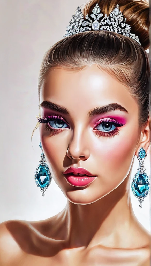 crea una bailarina estilo illustration de Ali Erturk, High detail, hyperrealistic, natural light,illustration , bright colors,open eyes,big breastsvery long eyelashes, big diamond earings