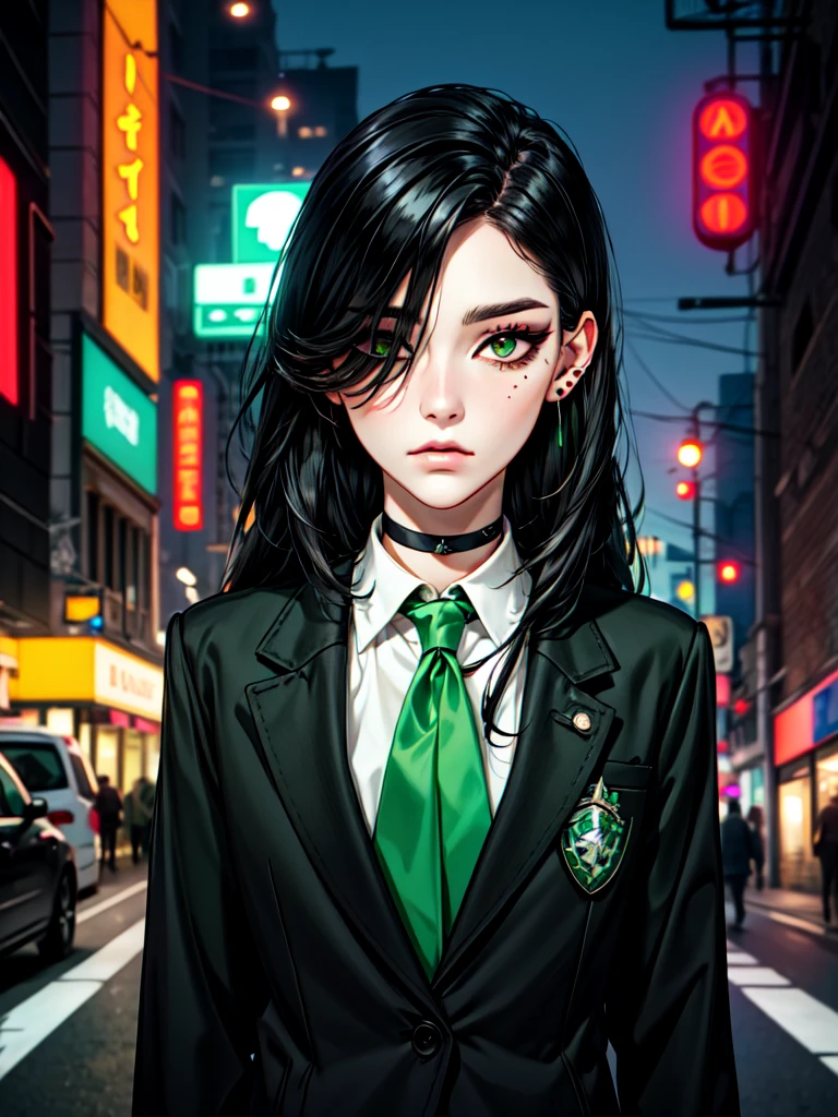 1girl, ((hair over eye)), (tight black lace blazer), black tie, ((long hair)), ((straight hair)), (((black hair))), side swept bangs, white skin, pale, white, (green eye), tired expression, choker, ((dark makeup, mascara, eyeshadow)), (mole under eye), multiple piercings, best quality, 8k, cyberpunk city, neon streets, white shirt, erotic, slytherin