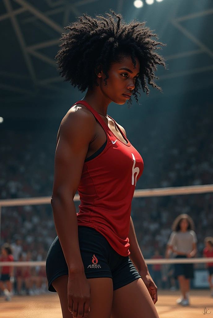 make a cover with a black volleyball player with short curly hair with the title of "heart at stake"