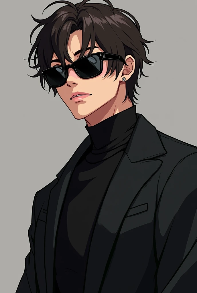 badass anime boy, very masculine, half muscular not so exaggerated, Korean style slanted eyes closed, with small all-black sunglasses, dark brown hair, black clothes, slightly blushing cheeks