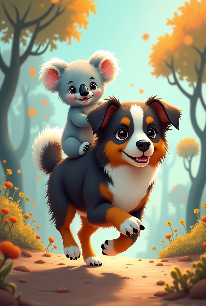 create an image of a baby koala riding on an australian shepherd puppy make it less realistic