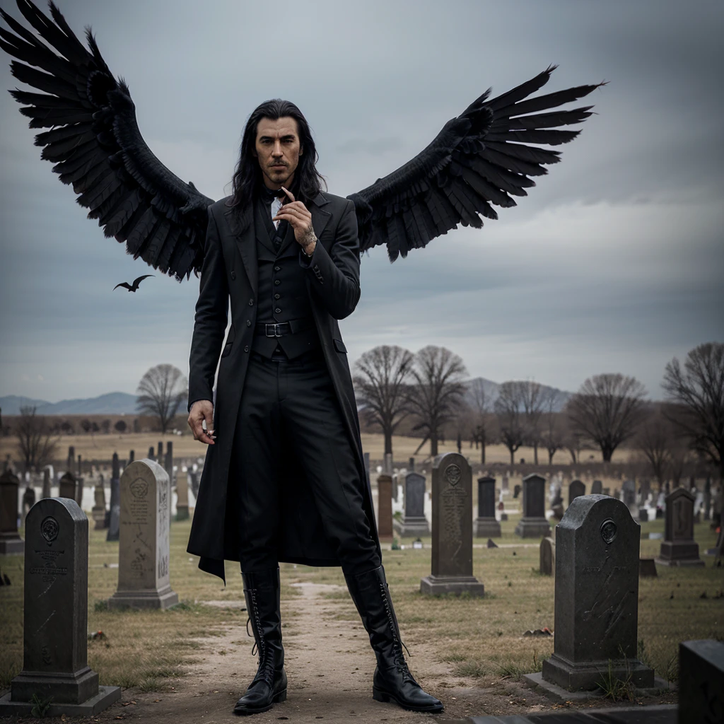 Mysterious man dressed in black, vampire hunter, The man is standing on a beautiful giant crow over a barren cemetery, The raven is equipped with everything necessary to fly., The man holds the reins in his hands, He has a cigarette in his mouth looking at the ground, the crow is eating from the ground