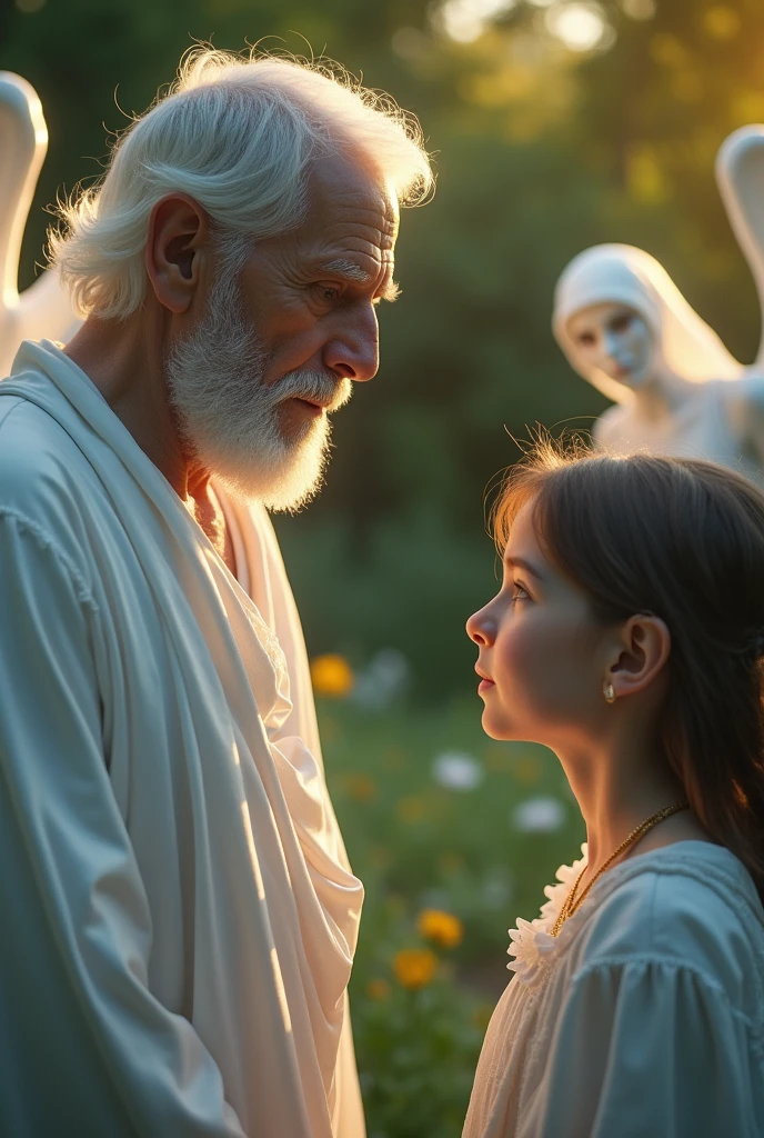 Create a hyper-realistic 8K scene with two male angels, dressed in all-white outfits and without wings, talking to an elderly man and his young daughter. The setting should be a mix of earthly and heavenly settings, such as a serene garden at dusk, with soft, ethereal lighting that accentuates the beauty of the encounter. Angels should be depicted with stunning detail and an aura of serenity, wearing immaculate white clothing. The elderly man should have an expression of surprise and awe, while the young woman at his side should show curiosity and apprehension. The interaction between the angels and the couple should convey a sense of importance and gravity, reflecting the depth of the message being communicated. Use close-ups to capture the characters' detailed facial expressions, highlighting the hyper-realistic quality of the scene. The lighting should create a subtle contrast between the heavenly presence of the angels and the reality of the earthly characters, reinforcing the atmosphere of a meaningful and transcendent encounter. The goal is to create an immersive and impressive image, highlighting the importance of dialogue and the connection between the celestial and earthly worlds.