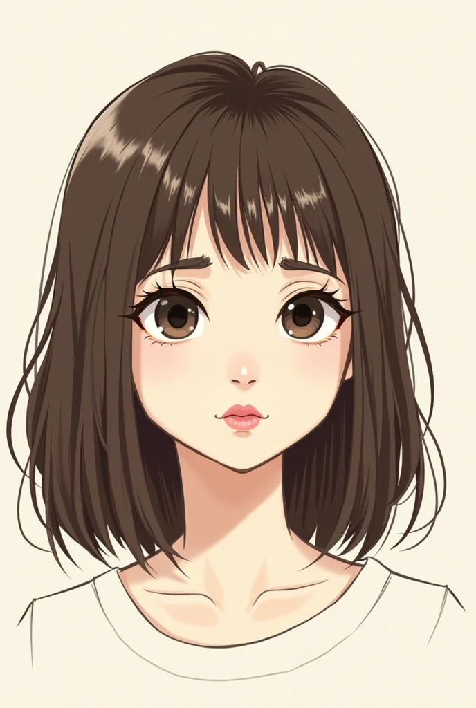 create a drawing of a girl with medium long hair, like shoulder length but a little longer and layered, straight eyebrows dark brown hair, big eyelashes, medium-sized lips, not realism, a drawing with lines, 2d