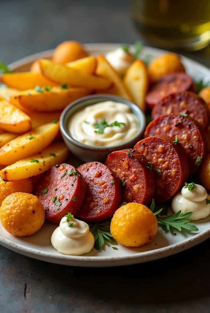 Plate of salchipapas (yellow native potatoes) with grilled chorizo and creams