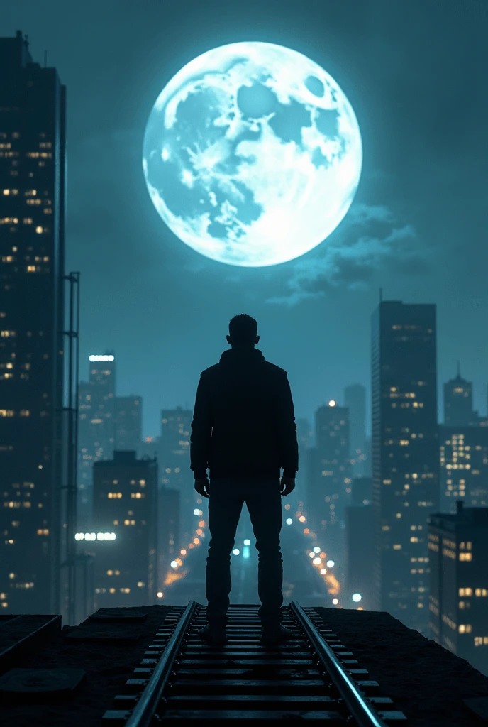 Man in the dark with the moon shining behind him on the roof of a big city with lights on the train tracks