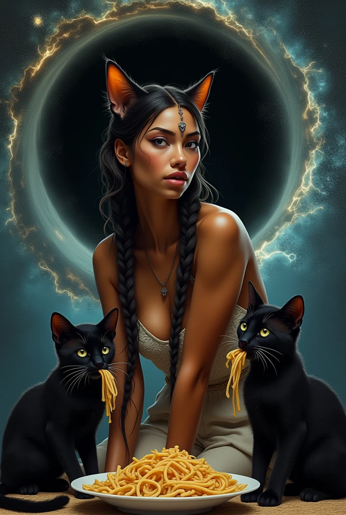 A realistic photo of a sexy Egyptian Mulatto woman with cat ears, braids in hair, two black cats next to each other, one of them with a piece of pasta in his mouth and a black hole in the background.
Realistic Image for Tattooing