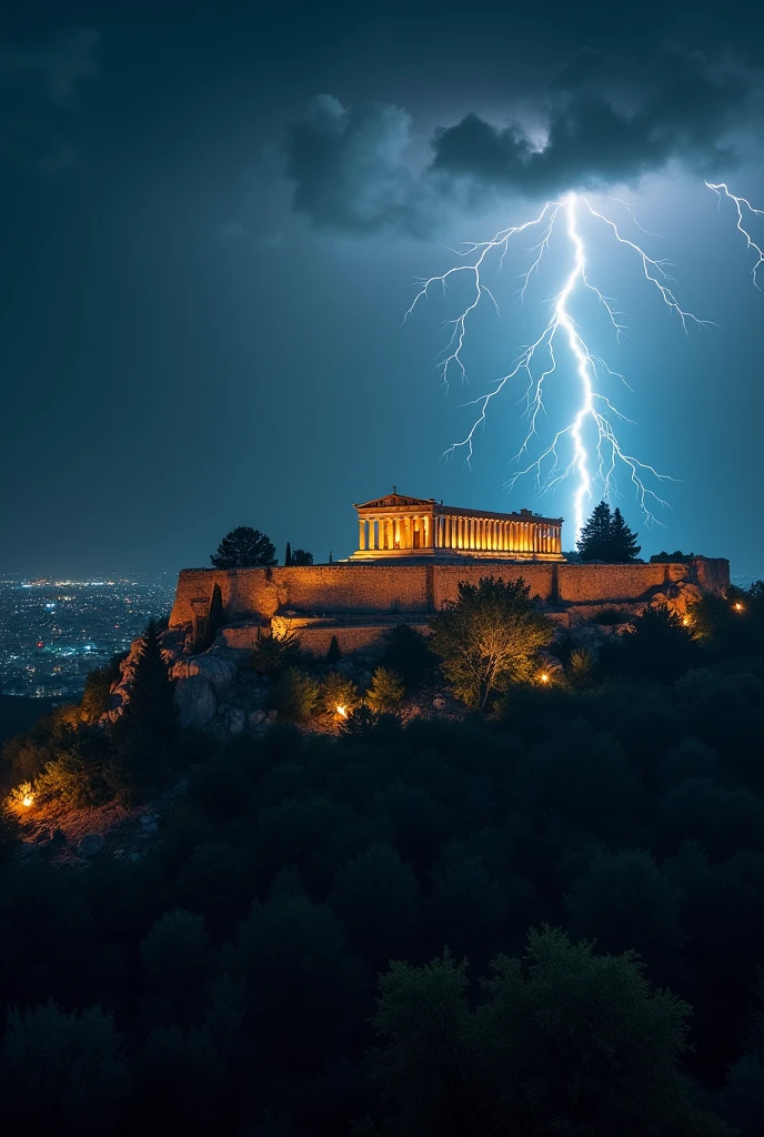 A stunning nighttime drone photo of the Acropolis in Athens, illuminated by dramatic bolts of lightning. The ancient ruins stand tall against the dark sky, their stones glowing ominously from the storm. The Parthenon and other monuments are clearly visible, despite the chaotic patterns of lightning. The city of Athens spreads out below, a mix of modern and ancient structures bathed in the eerie light of the storm., photo
