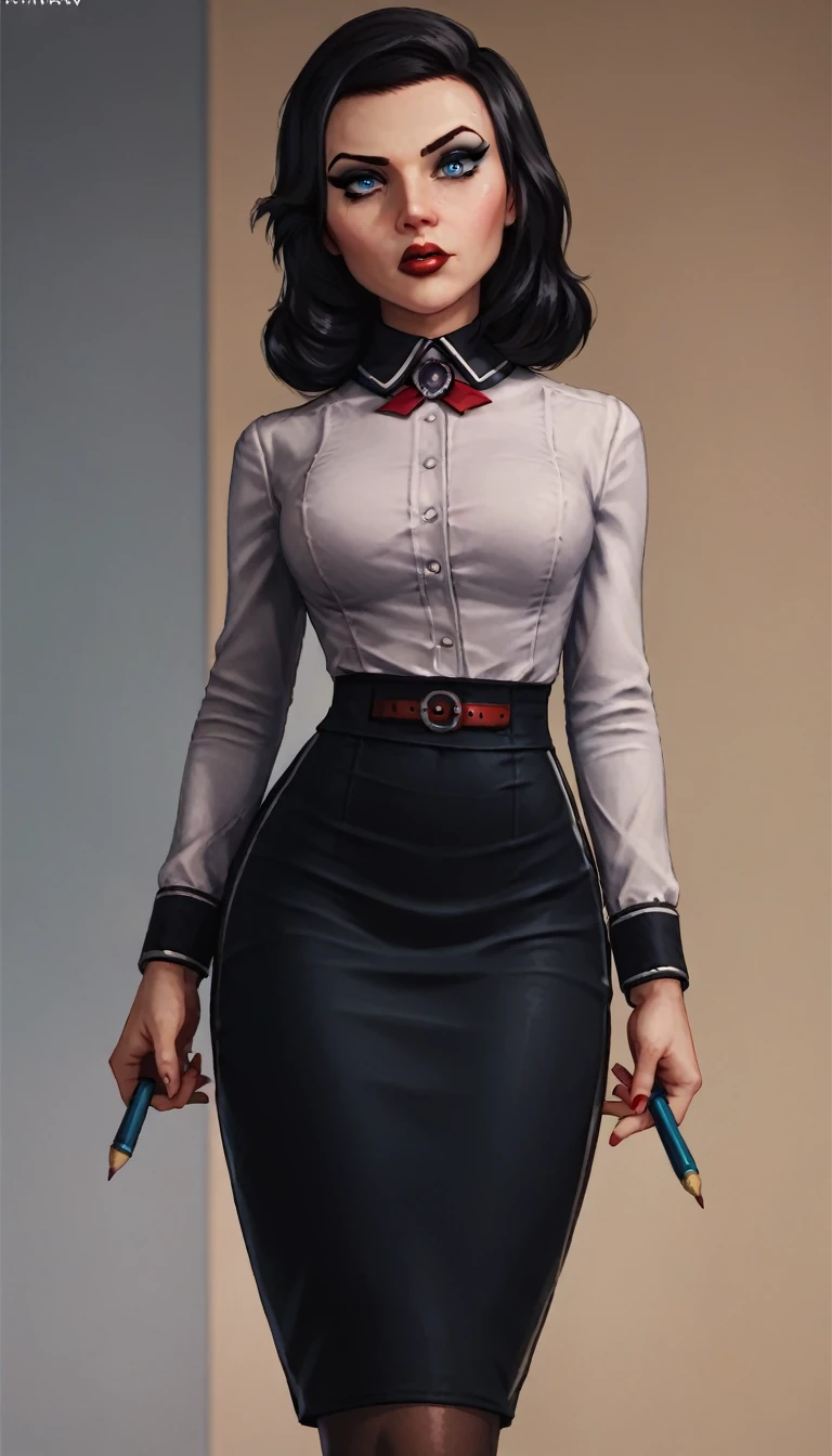 3l1z4b3th_bas, black hair, blue eyes, white shirt, pencil skirt, red lipstick, makeup, pantyhose