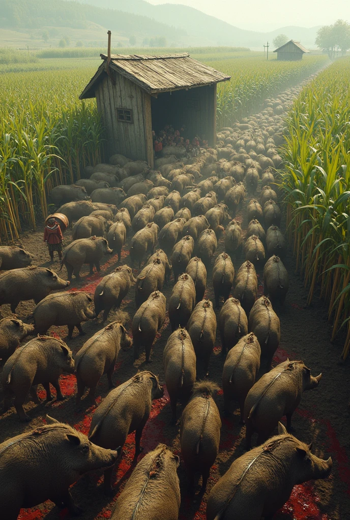 Thousands of wild boars inside a pigsty being slaughtered by farmers in Panic in the middle of a cornfield