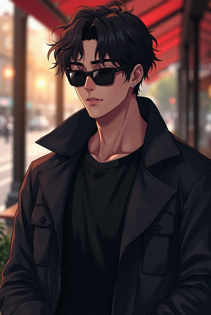 badass anime boy, very masculine, half muscular not so exaggerated, Korean style slanted eyes closed, with small all-black sunglasses, by the cafe, black clothes, slightly blushing cheeks